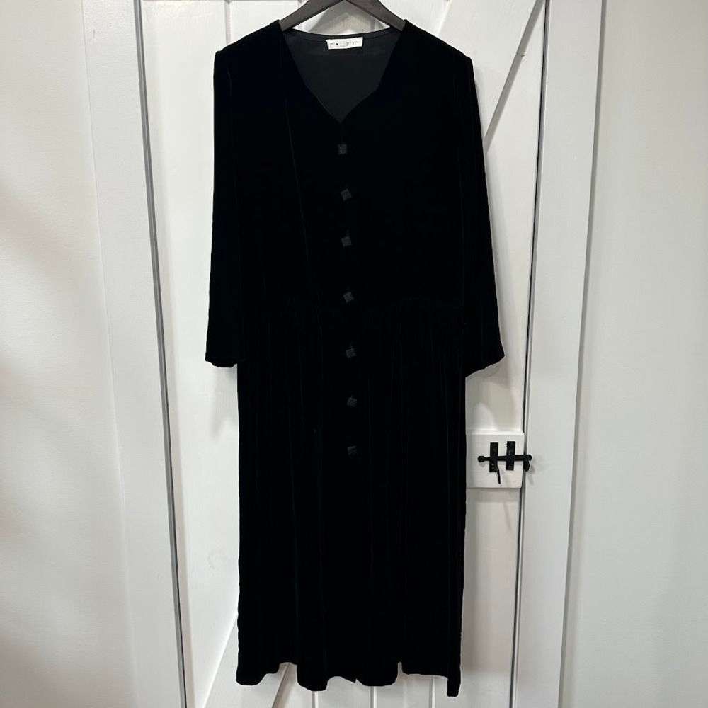 Biya Womens Dress Small Black Silk Blend Velvet Midi Long Sleeve Witchy Goth